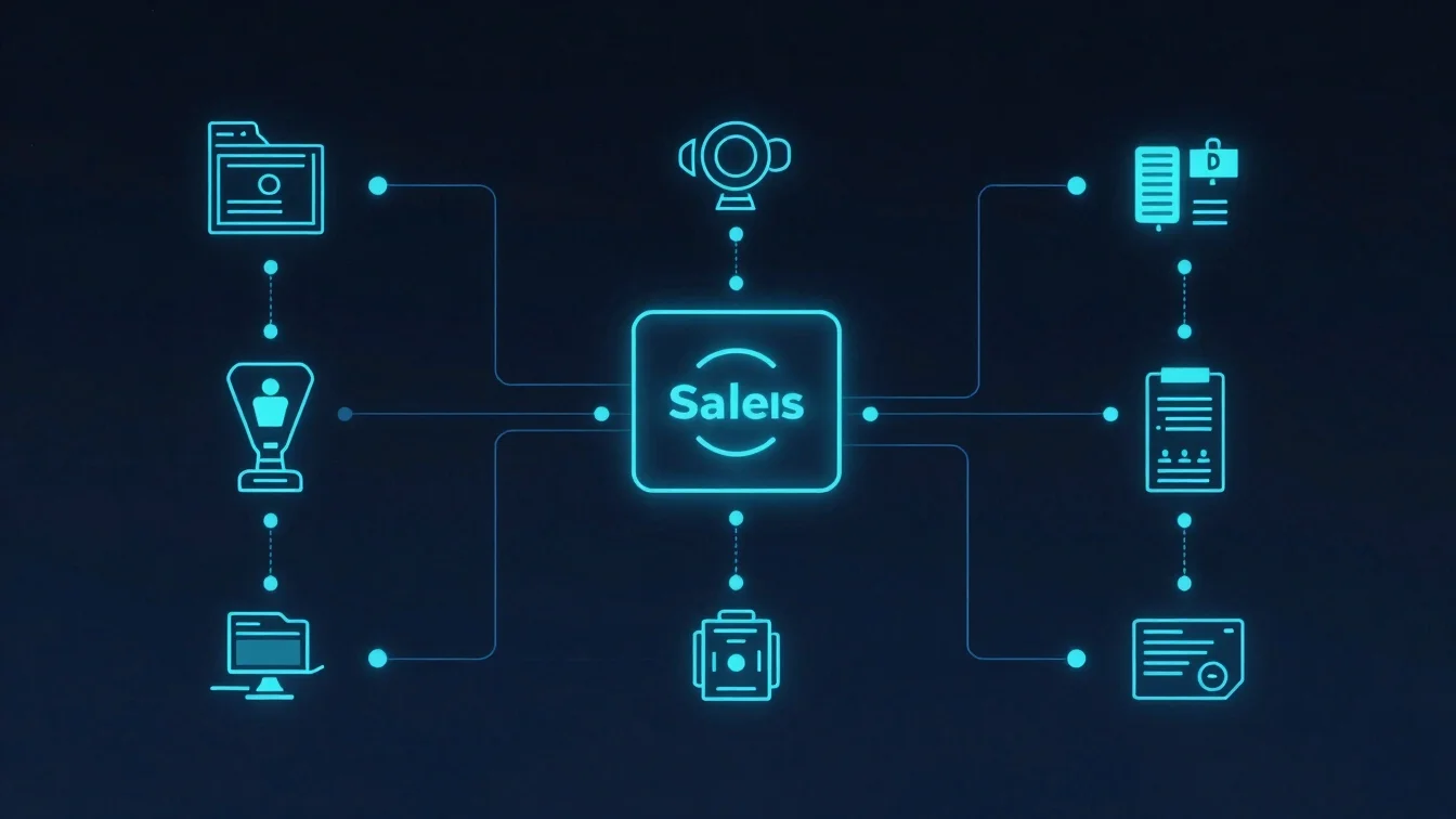 Abstract data flow connecting sales tools, electric blue glow, mi